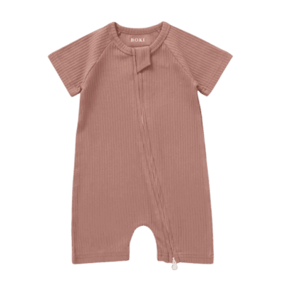 Boki Organic Ribbed Summer Zipsuit - Clay 3-6 Months