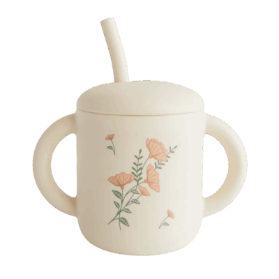 Mushie Silicone Training Cup + Straw - Pink Flowers