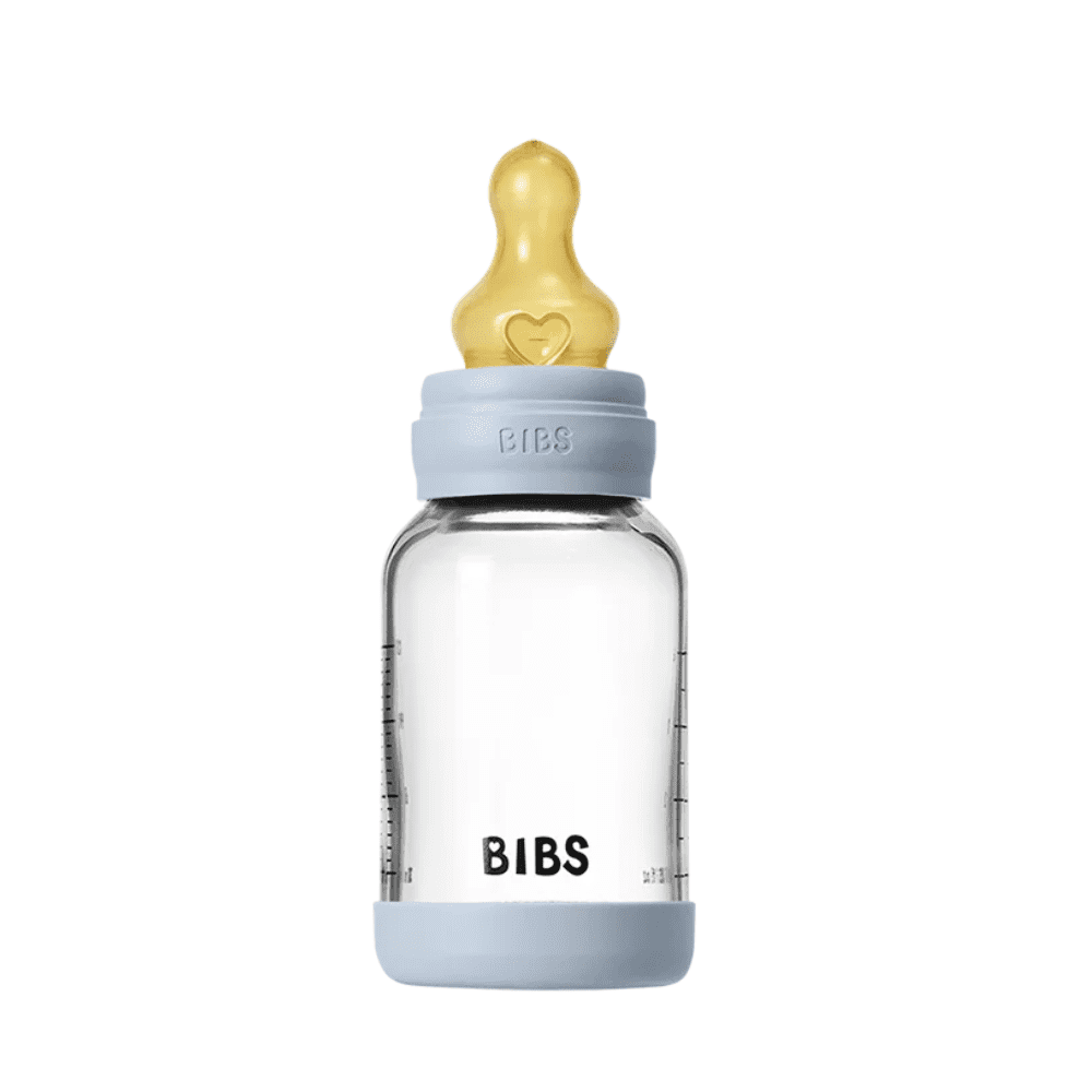 Bibs Glass Baby Bottle Baby Blue 120ml - Slow Flow | Latex Nipple
