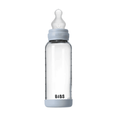 Bibs Glass Baby Bottle Baby Blue 240ml - Medium Flow | Silicone Nipple